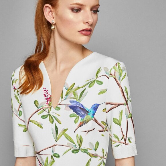 Ted Baker EVRELY HIGHGROVE Hummingbird Branch Blossom Sheath Midi Dresss, TD 0 - Picture 10 of 16